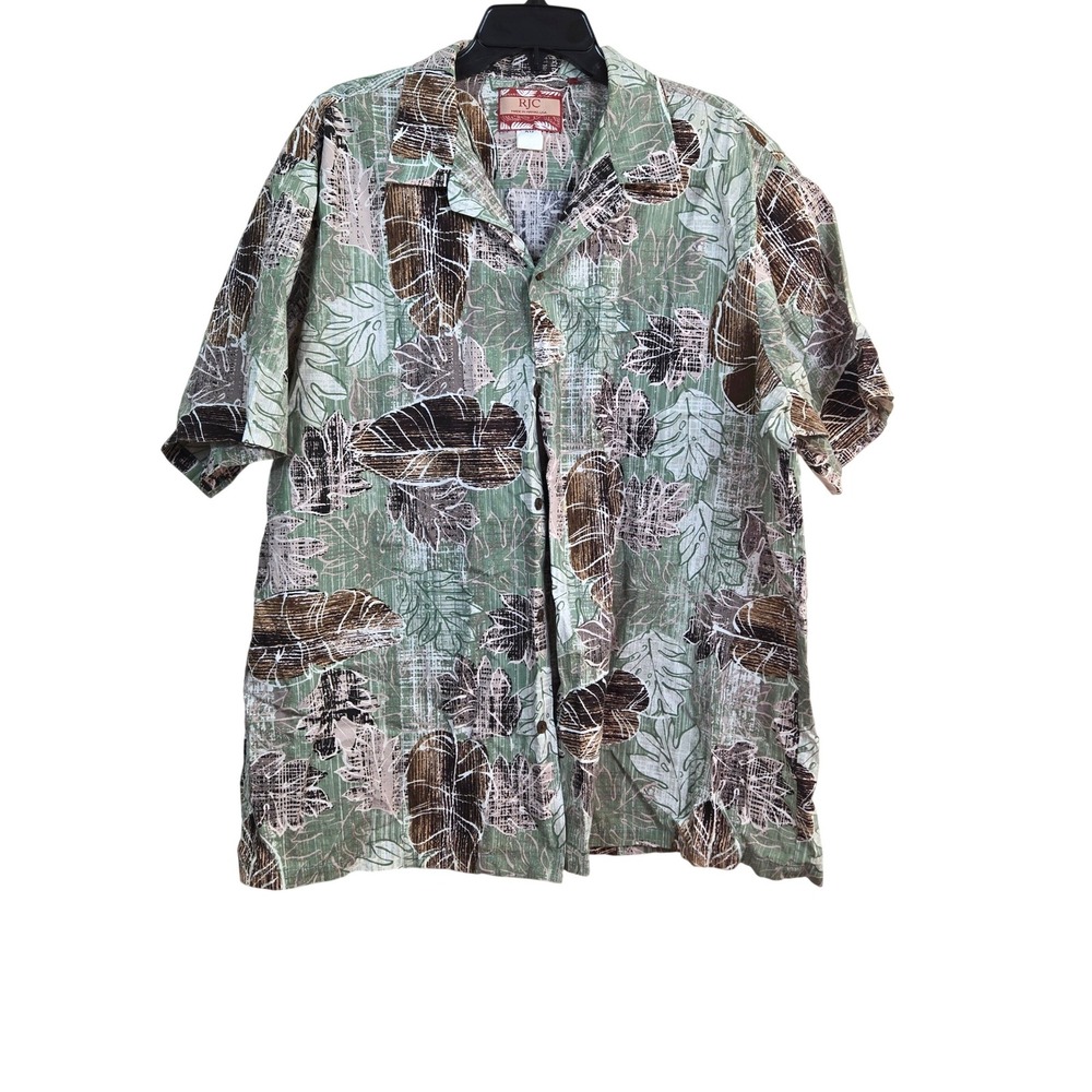 RJC Mens Brown Green Tropical Leaf Print Short Sleeve Hawaiian Camp Shirt 2X Vtg
